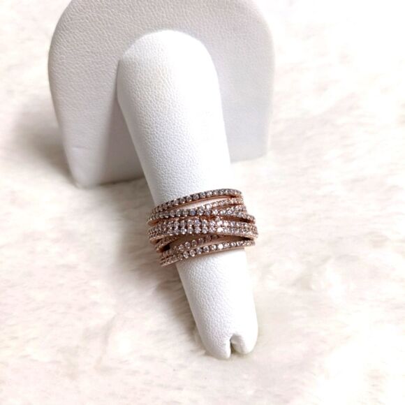 NWOT Cubic Zirconia Multi Layer Row Rose Gold Rhodium over .925 Sterling Ring - Picture 8 of 12